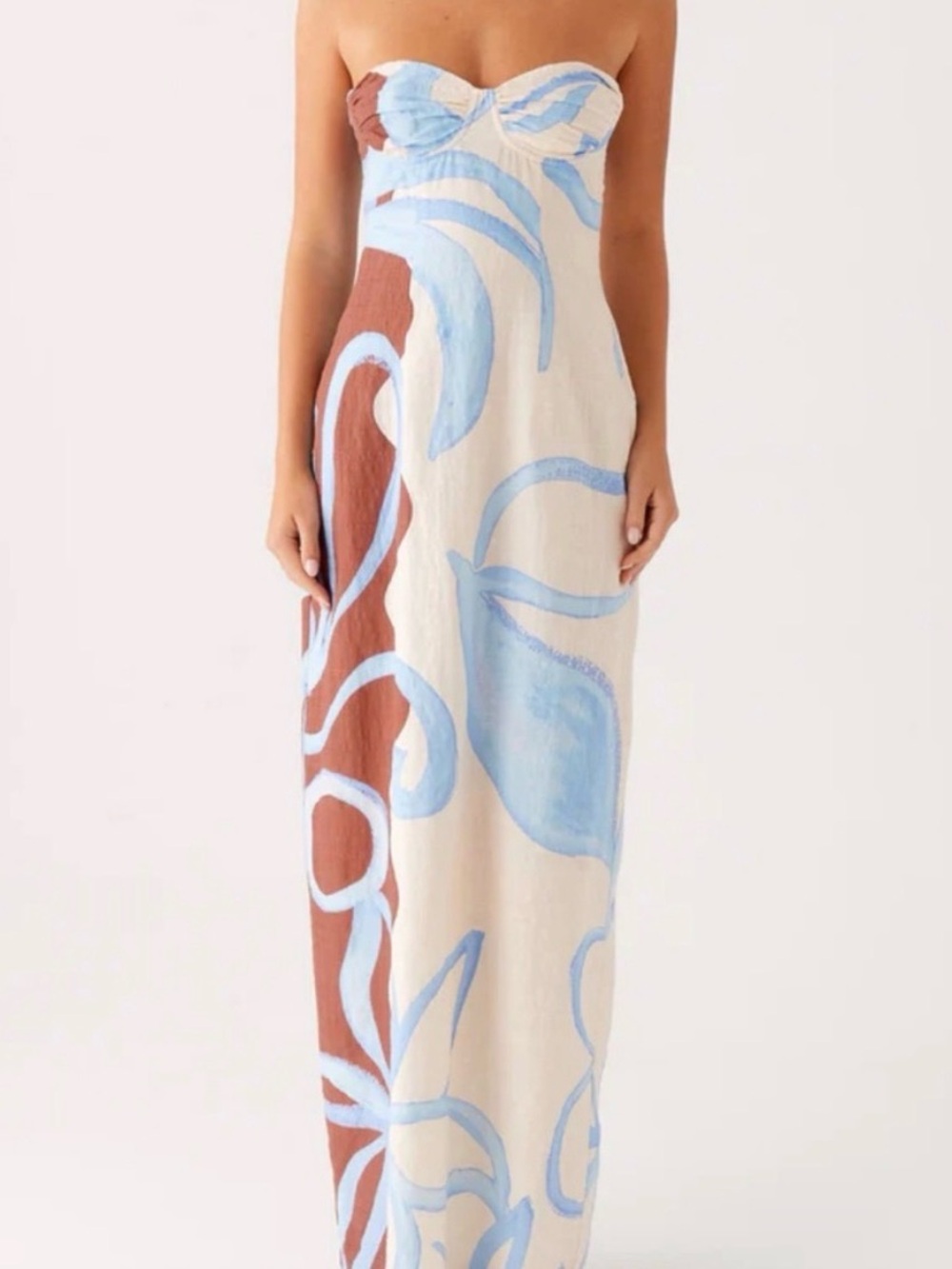 Peppermayo Strapless Maxi Dress in Cream, Light Blue & Brown